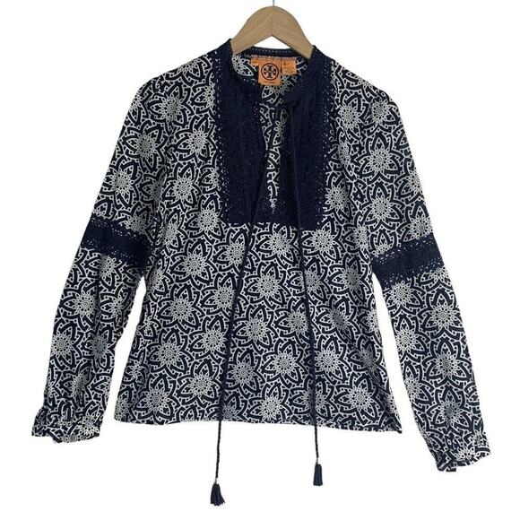 Tory Burch Cotton Boho Peasant Tassel Blouse Womens Size 4 Navy Floral $183